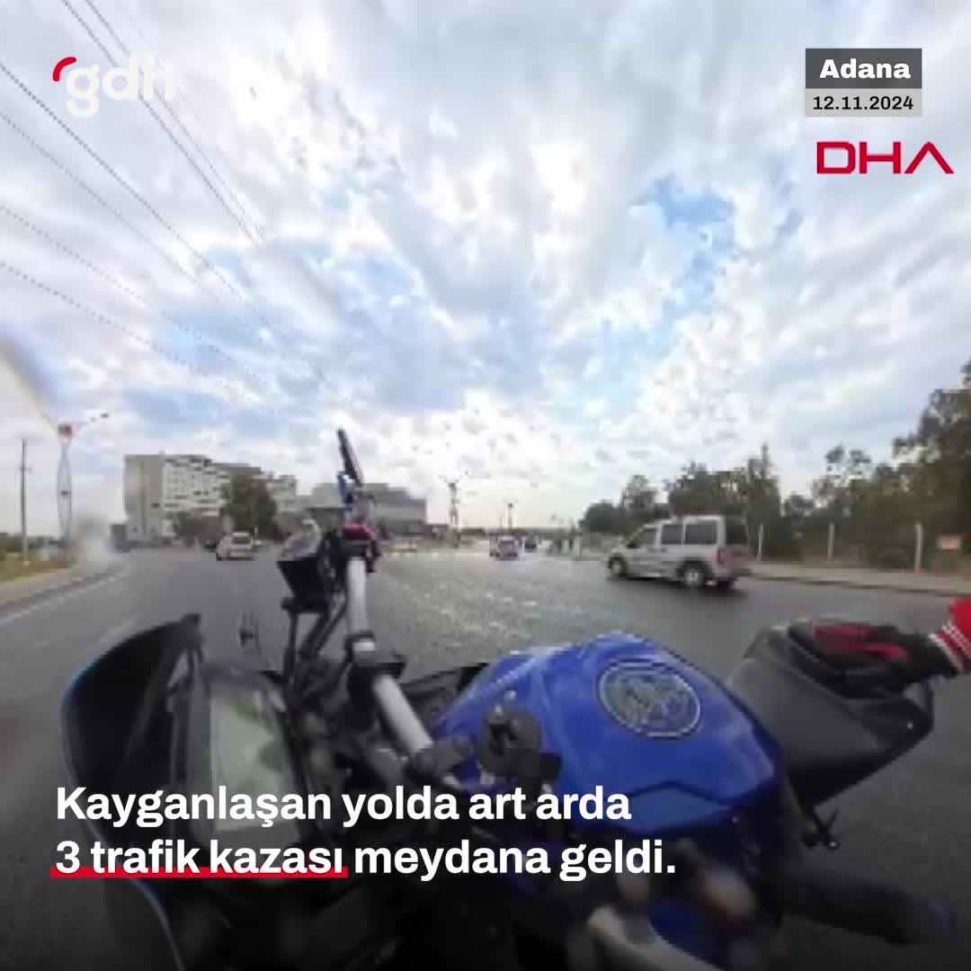 Adana'da mazot nedeniyle 3 trafik kazası motosiklet kamerasında