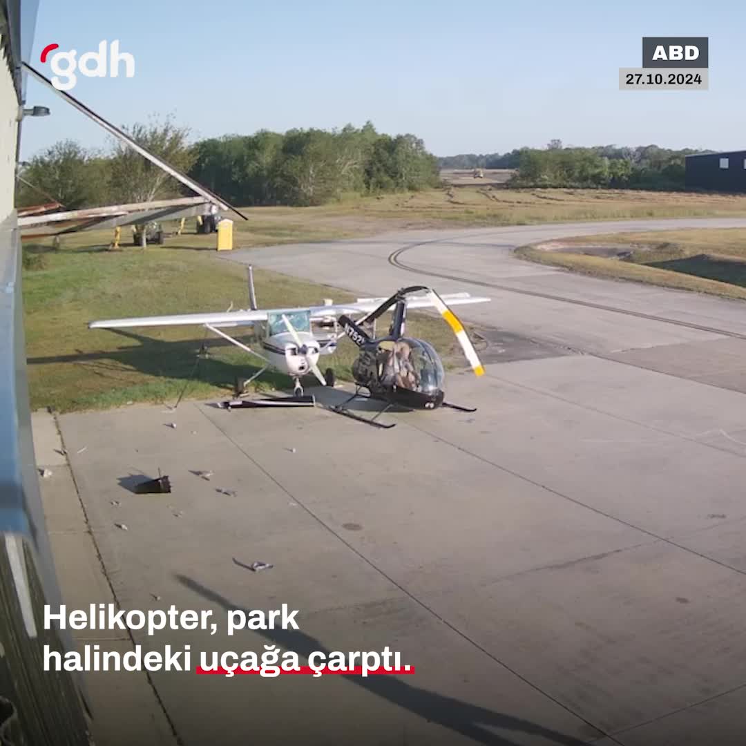 Kontrolden çıkan helikopter, park halindeki uçağa çarptı