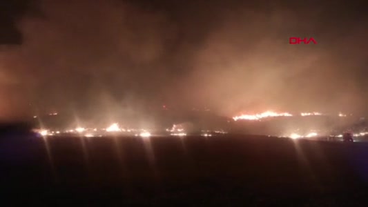 Çanakkale'de öğlen çıkan orman yangını gece de sürüyor